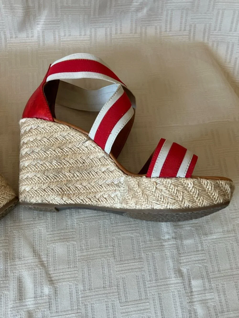 Paul Green Monique Espadrilles Red/White Elastic + Leather Wedge Sandals US 8